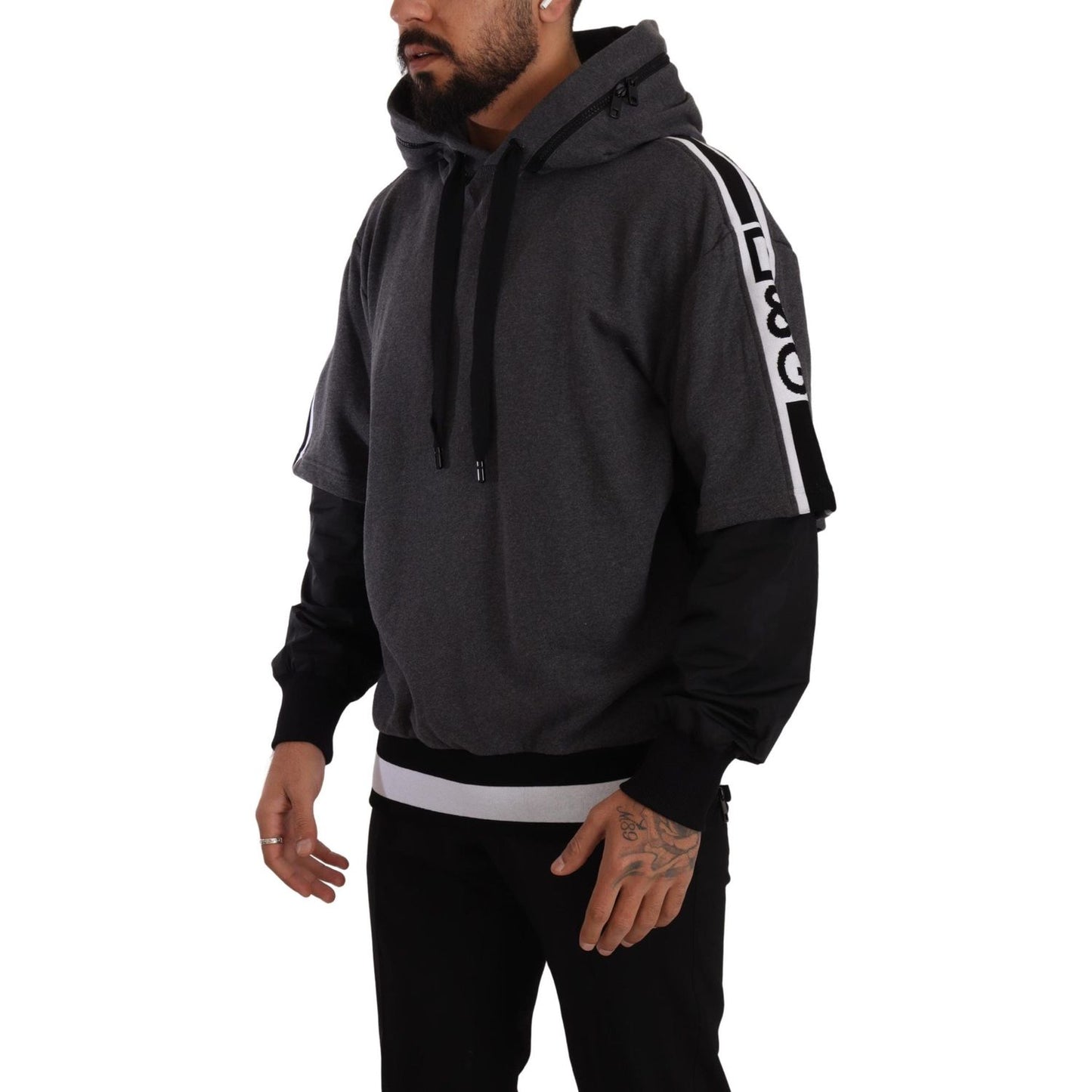 Dolce & Gabbana Gray Black Cotton Hooded #DGMILLENNIALS Sweater Dolce & Gabbana