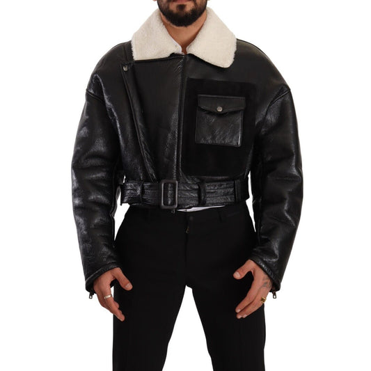 Dolce & Gabbana Black Leather Shearling Biker Coat Jacket Dolce & Gabbana