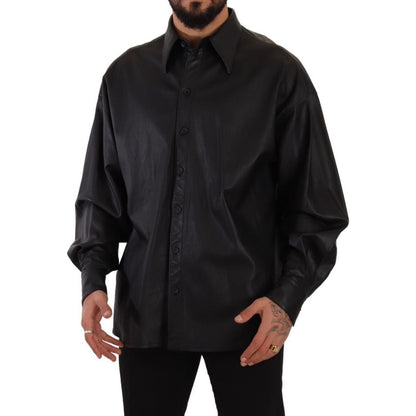 Dolce & Gabbana Black Leather Button Down Men Collared Jacket Dolce & Gabbana