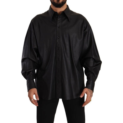 Dolce & Gabbana Black Leather Button Down Men Collared Jacket Dolce & Gabbana