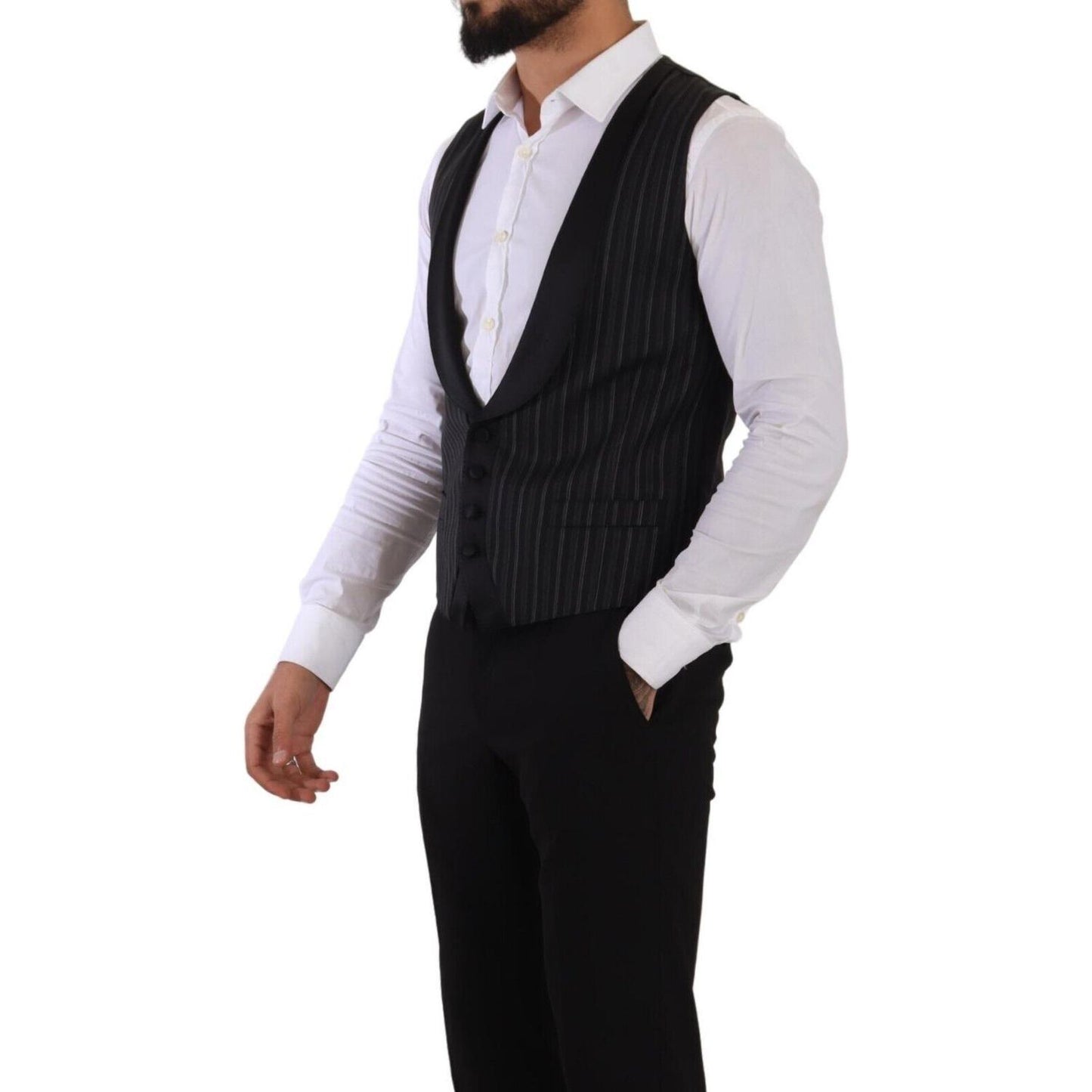 Dolce & Gabbana Black Striped Wool Silk Waistcoat Vest Dolce & Gabbana