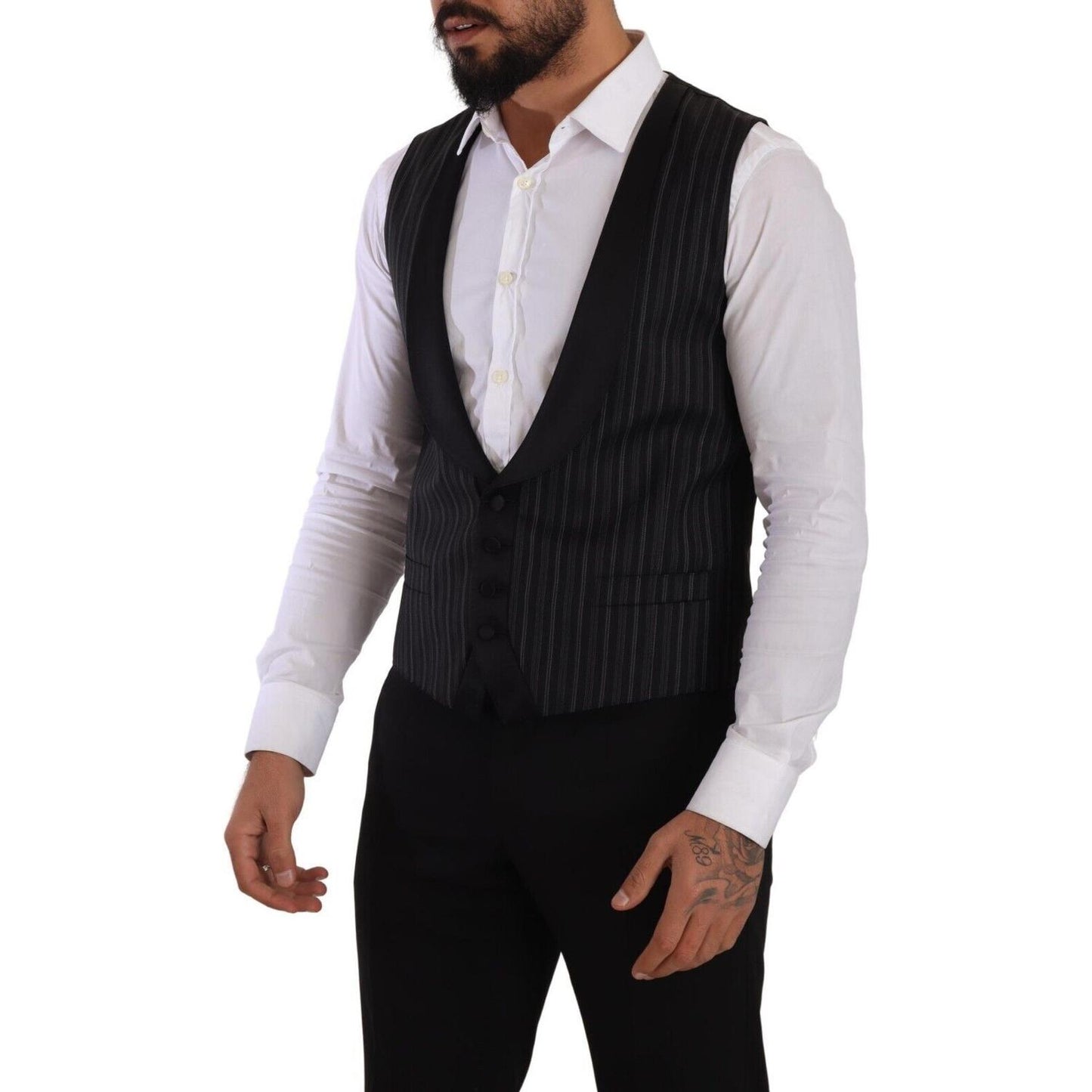 Dolce & Gabbana Black Striped Wool Silk Waistcoat Vest Dolce & Gabbana