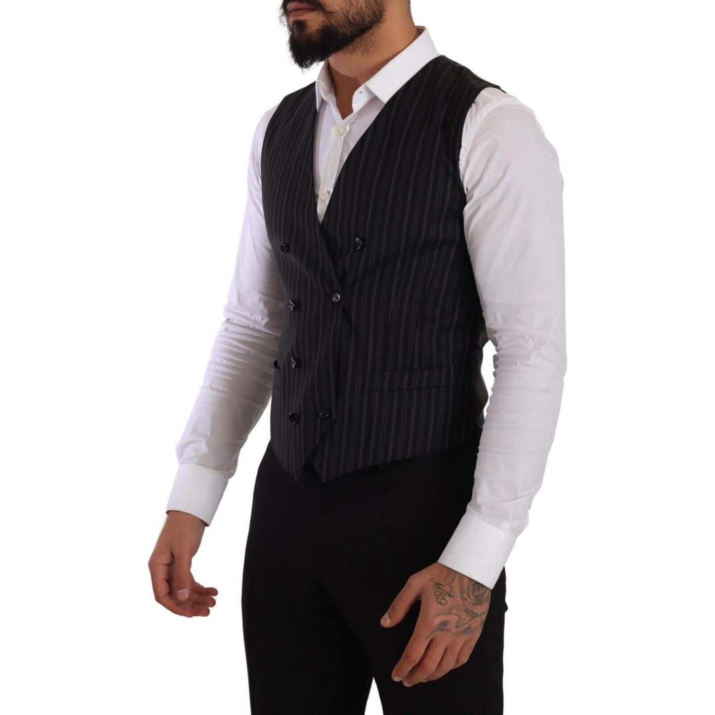 Dolce & Gabbana Gray Striped Double Breasted Waistcoat Vest Dolce & Gabbana