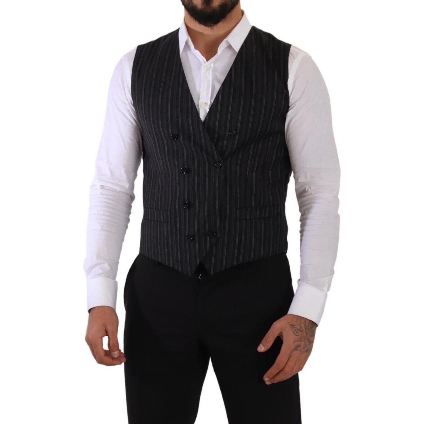 Dolce & Gabbana Gray Striped Double Breasted Waistcoat Vest Dolce & Gabbana