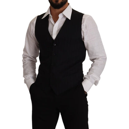 Dolce & Gabbana Blue Striped Wool Stretch Waistcoat Vest Dolce & Gabbana