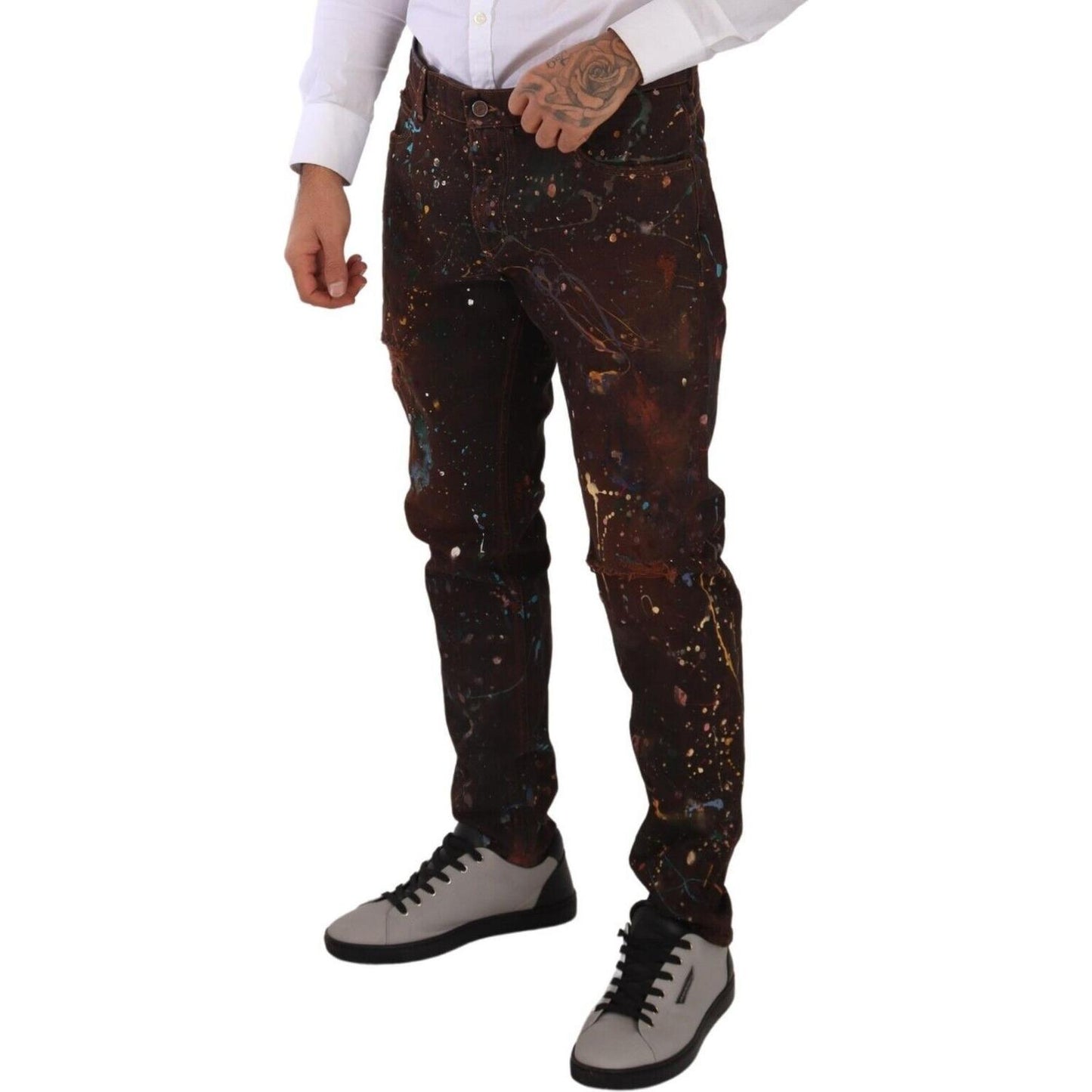 Dolce & Gabbana Brown Splash Color Cotton Regular Denim Jeans Dolce & Gabbana