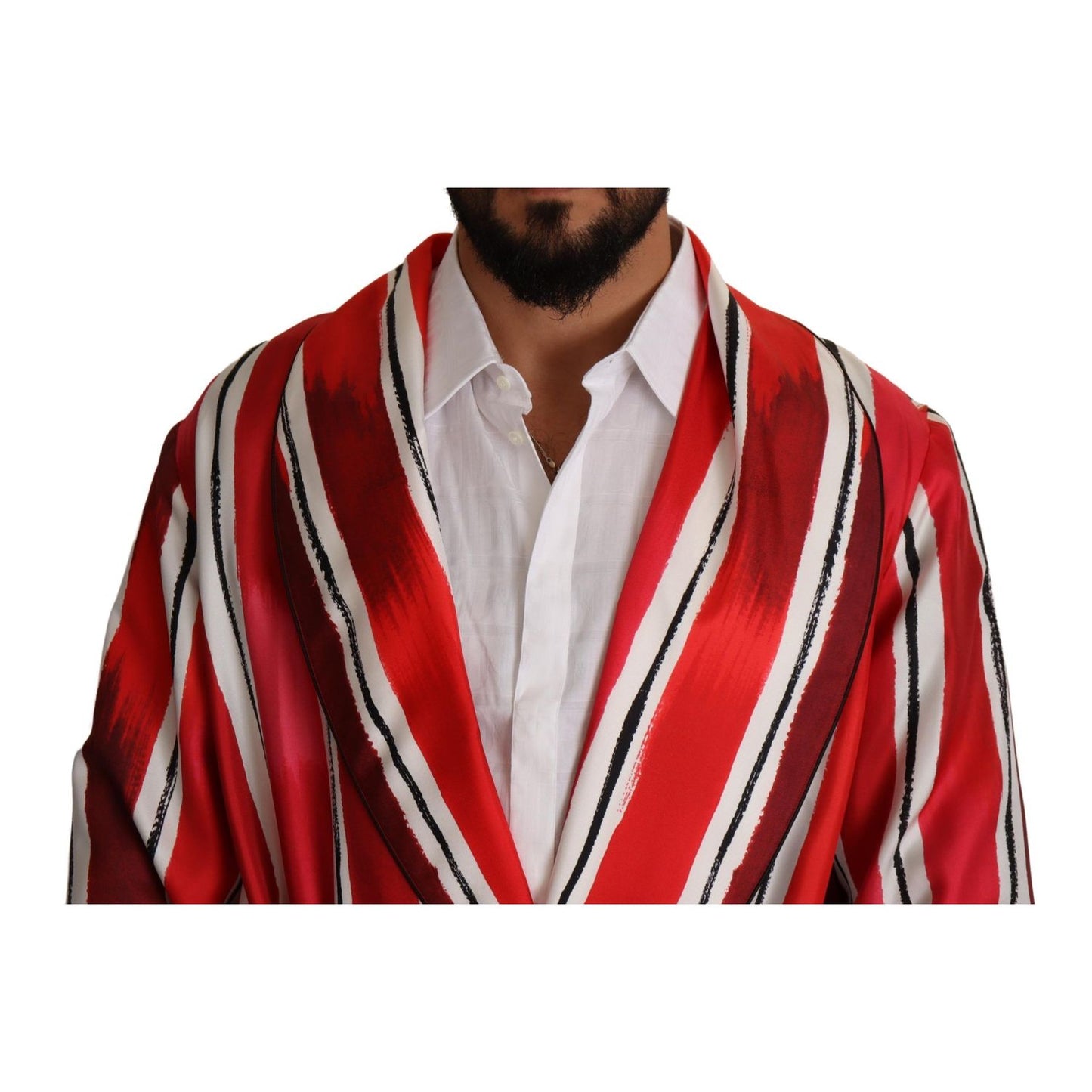 Dolce & Gabbana Red White Striped Silk Mens Night Gown Robe