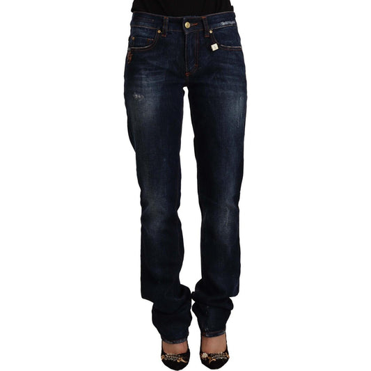 GF Ferre Dark Blue Washed Mid Waist Cotton Denim Straight Jeans GF Ferre