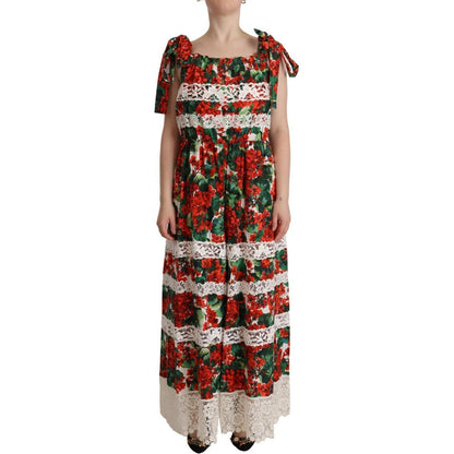 Dolce & Gabbana Multicolor Geranium Print Lace Long Maxi Dress Dolce & Gabbana