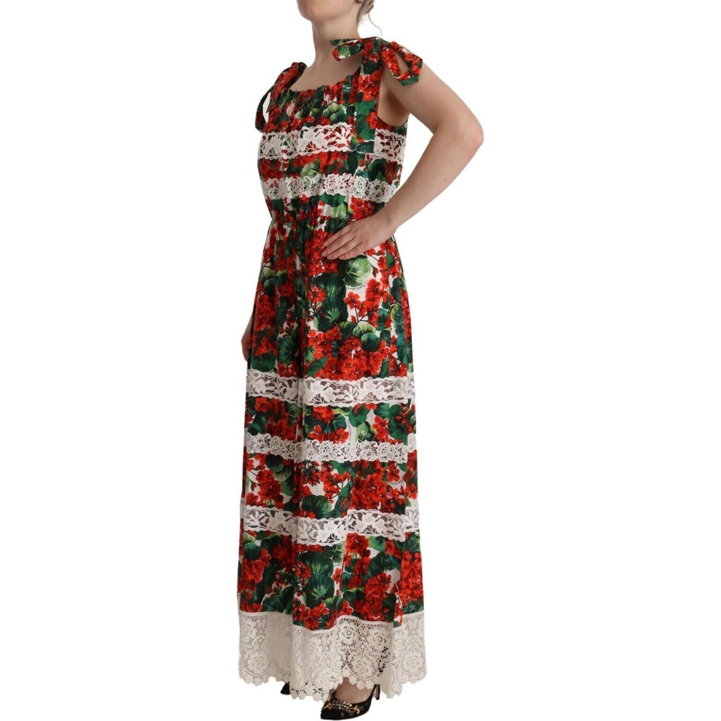 Dolce & Gabbana Multicolor Geranium Print Lace Long Maxi Dress Dolce & Gabbana