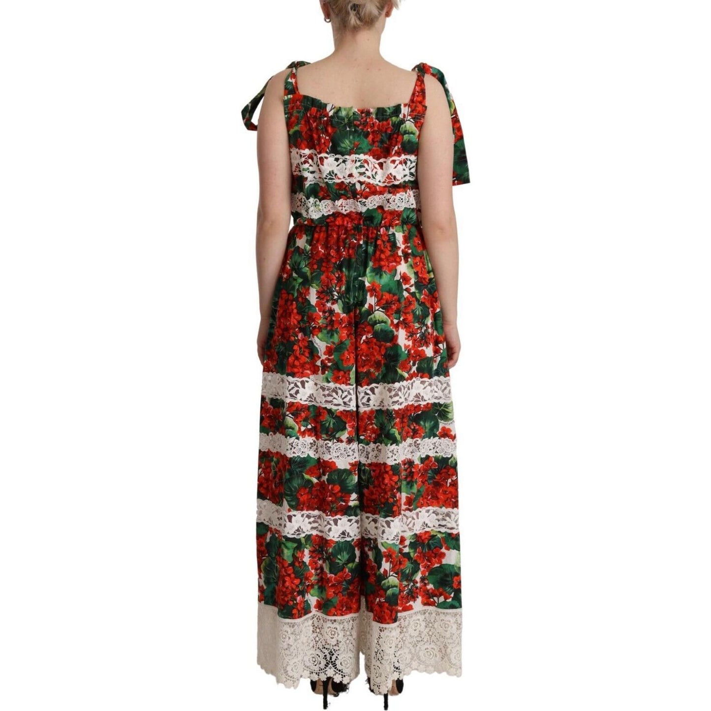 Dolce & Gabbana Multicolor Geranium Print Lace Long Maxi Dress Dolce & Gabbana