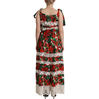 Dolce & Gabbana Multicolor Geranium Print Lace Long Maxi Dress Dolce & Gabbana