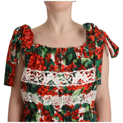 Dolce & Gabbana Multicolor Geranium Print Lace Long Maxi Dress Dolce & Gabbana