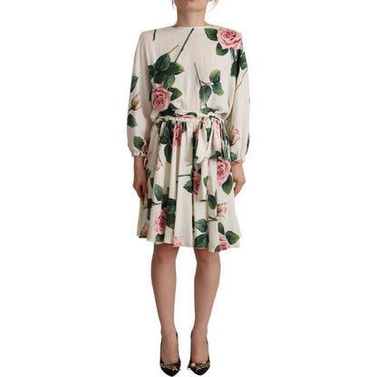 Dolce & Gabbana White Rose Print Long Sleeves A-line Dress Dolce & Gabbana