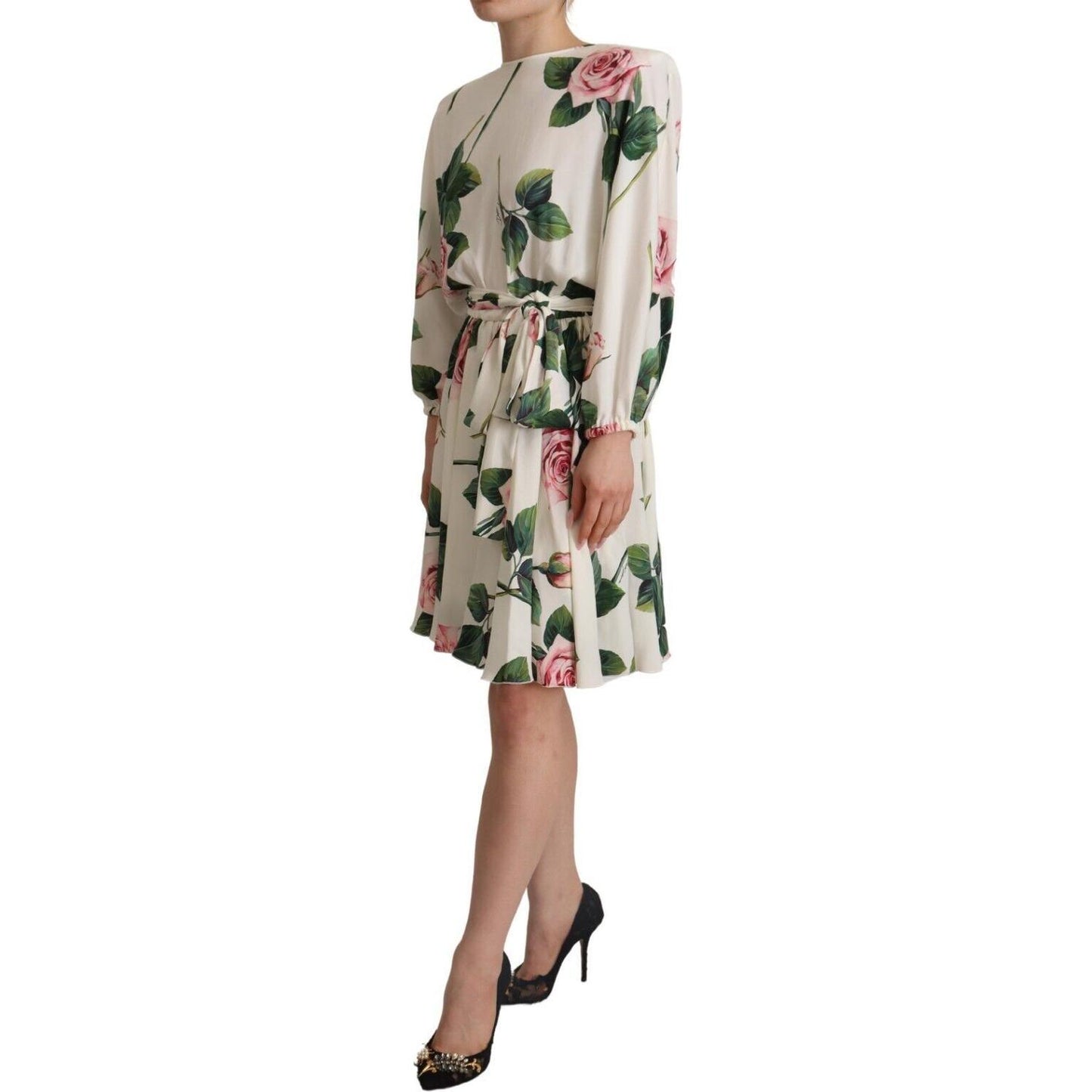 Dolce & Gabbana White Rose Print Long Sleeves A-line Dress Dolce & Gabbana