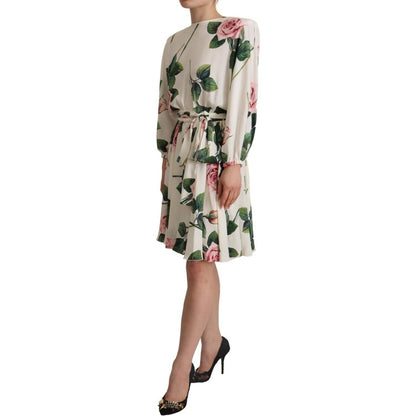 Dolce & Gabbana White Rose Print Long Sleeves A-line Dress Dolce & Gabbana