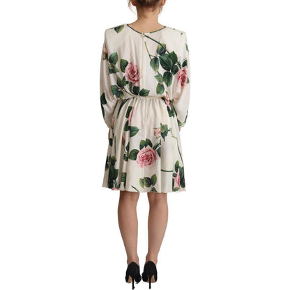 Dolce & Gabbana White Rose Print Long Sleeves A-line Dress Dolce & Gabbana