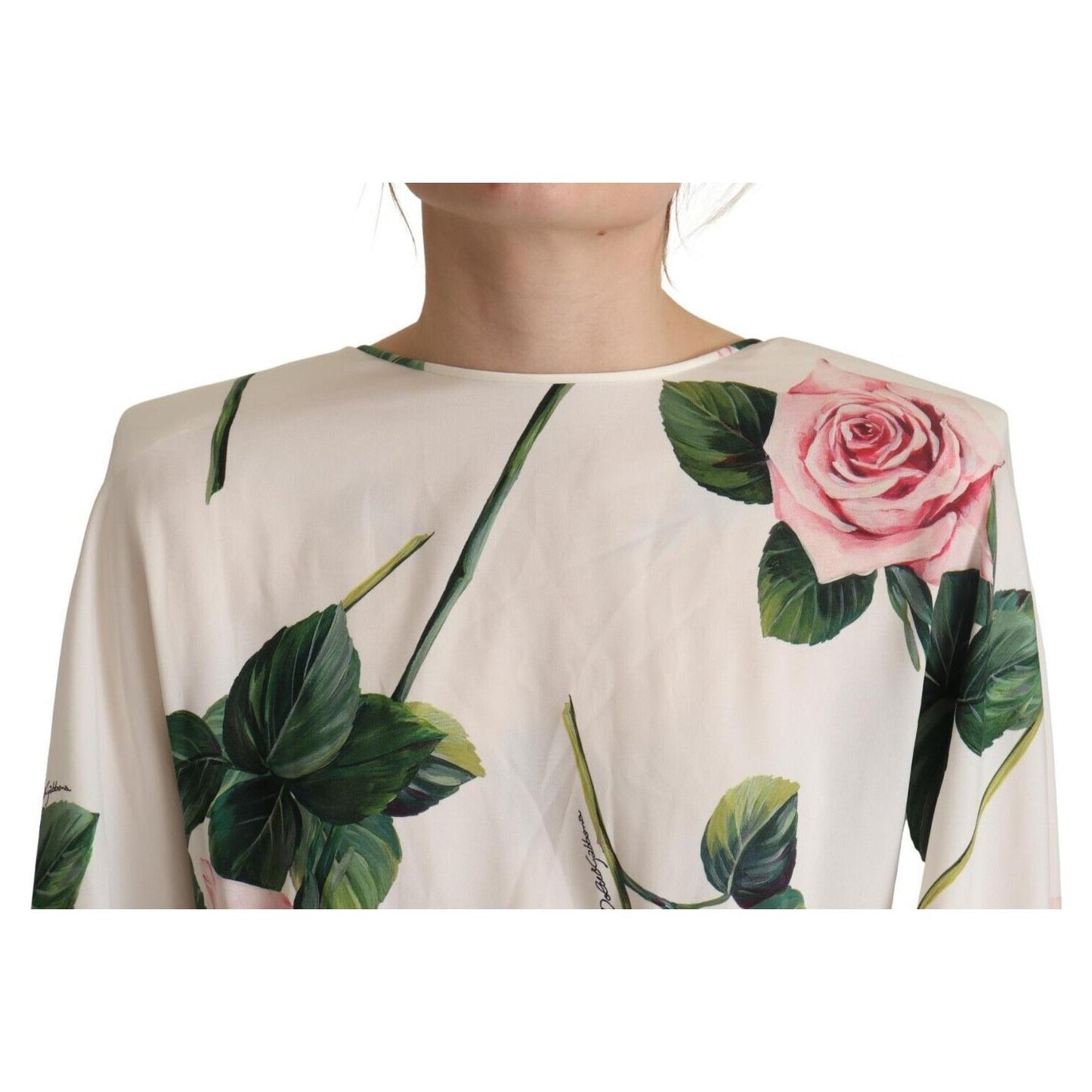 Dolce & Gabbana White Rose Print Long Sleeves A-line Dress Dolce & Gabbana