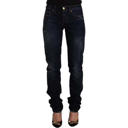 GF Ferre Dark Blue Washed Mid Waist Cotton Denim Skinny Jeans GF Ferre