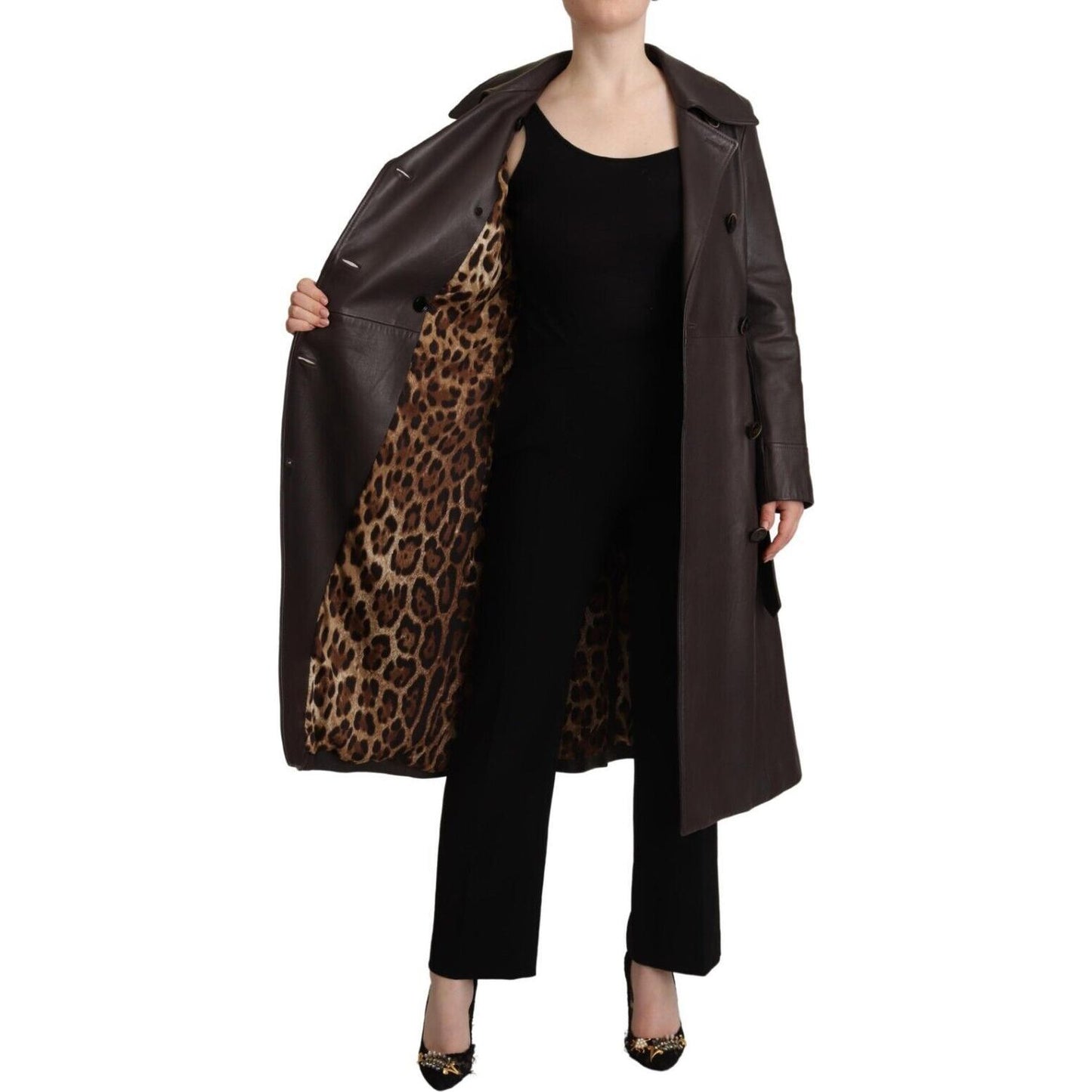 Dolce & Gabbana Dark Brown Leather Long Sleeves Belted Jacket Dolce & Gabbana