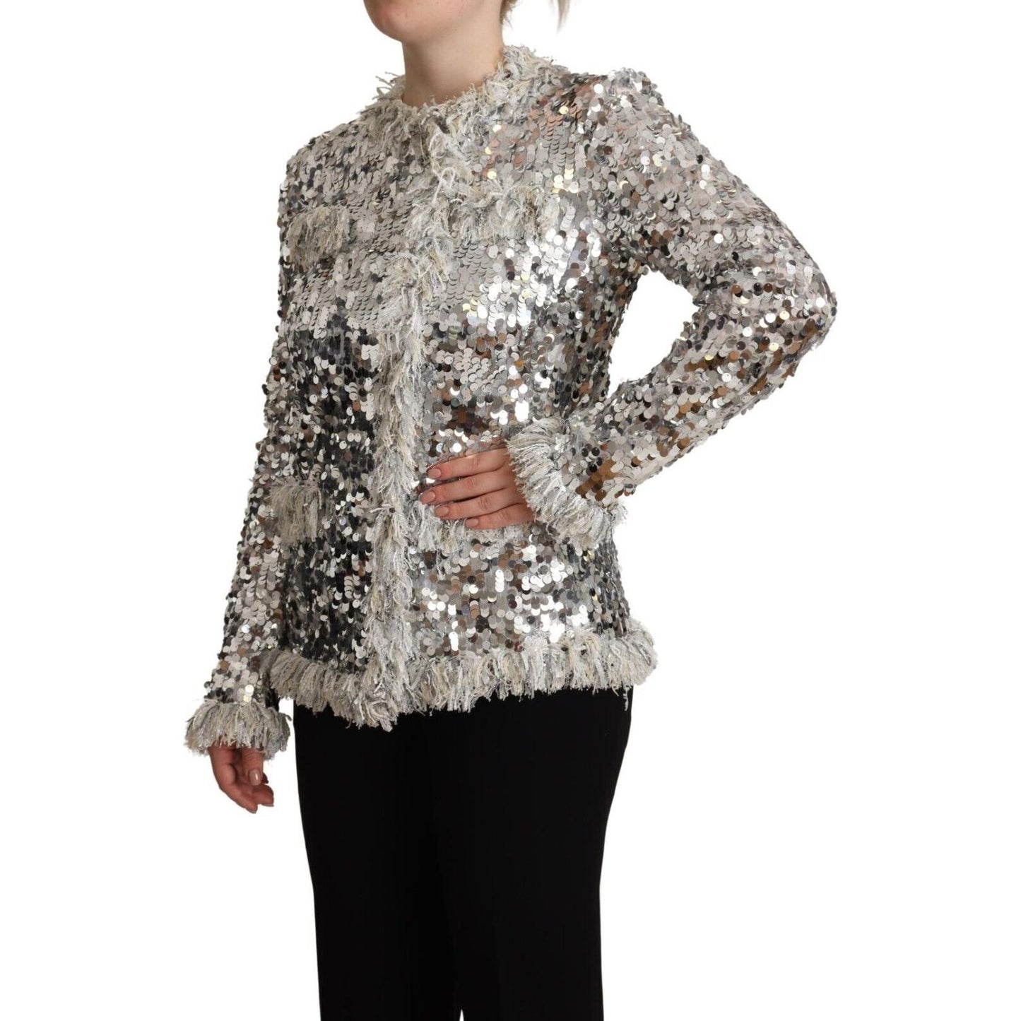 Dolce & Gabbana Silver Sequined Shearling Long Sleeves Jacket Dolce & Gabbana