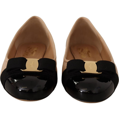 Salvatore Ferragamo Beige and Black Nappa Leather Ballet Flat Shoes Salvatore Ferragamo