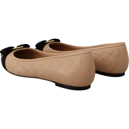 Salvatore Ferragamo Beige and Black Nappa Leather Ballet Flat Shoes Salvatore Ferragamo