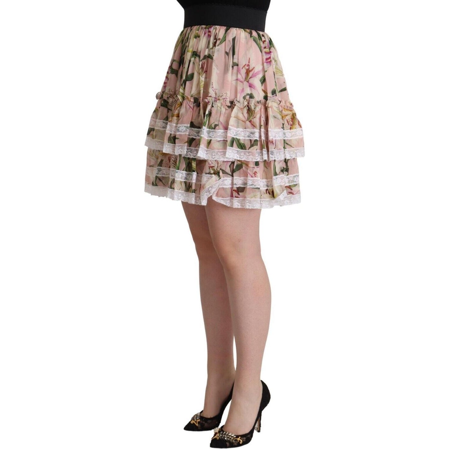 Dolce & Gabbana Pink Lily Print Silk Mini Tiered A-line Skirt Dolce & Gabbana