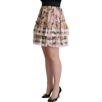 Dolce & Gabbana Pink Lily Print Silk Mini Tiered A-line Skirt Dolce & Gabbana