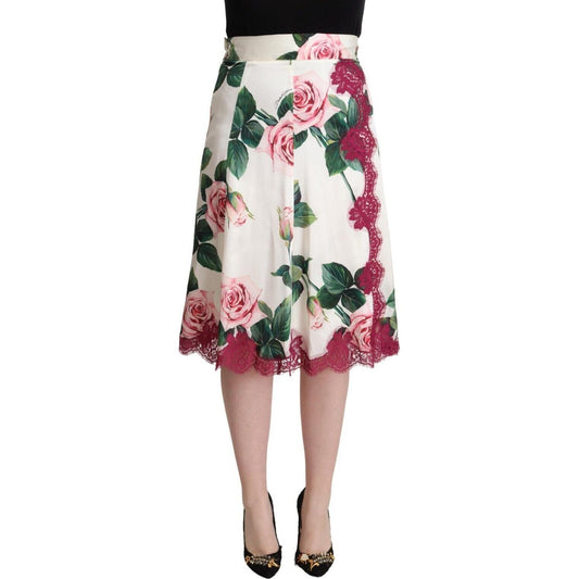 Dolce & Gabbana White Rose Print High Waist Midi A-line Skirt Dolce & Gabbana