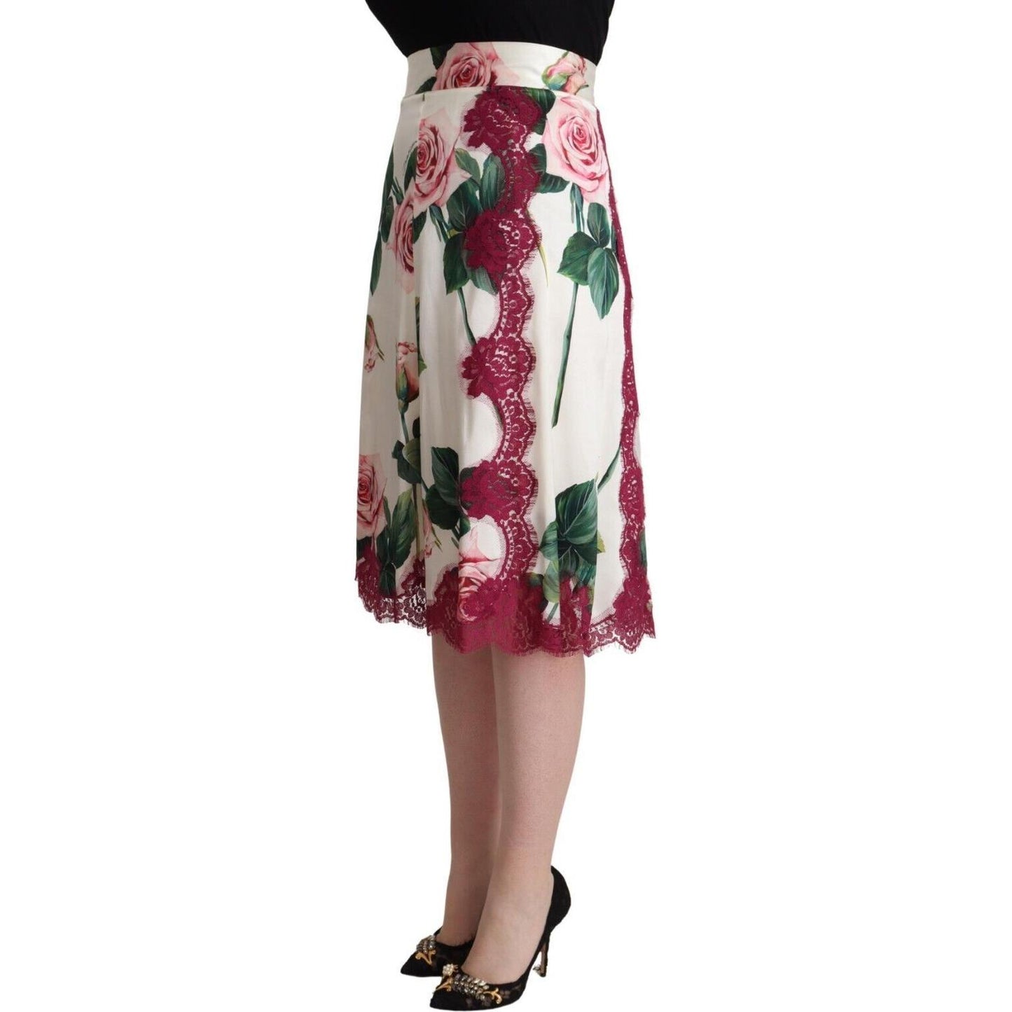 Dolce & Gabbana White Rose Print High Waist Midi A-line Skirt Dolce & Gabbana