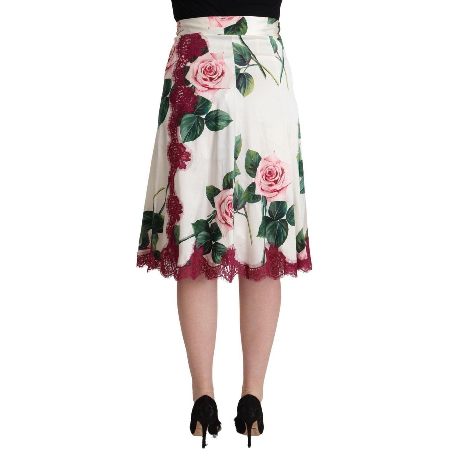 Dolce & Gabbana White Rose Print High Waist Midi A-line Skirt Dolce & Gabbana