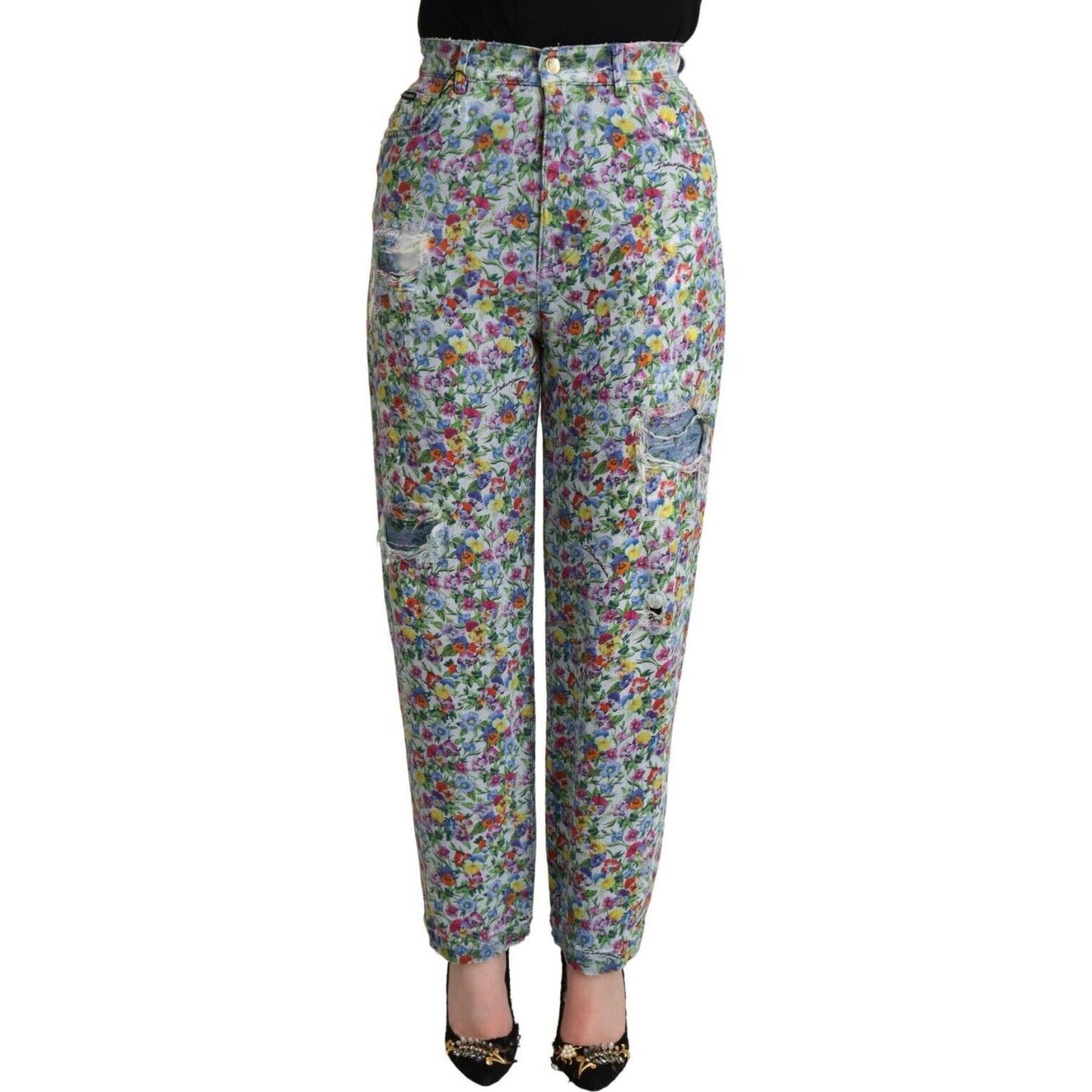 Dolce & Gabbana Blue Floral Print High Waist Denim Tapered Jeans Dolce & Gabbana