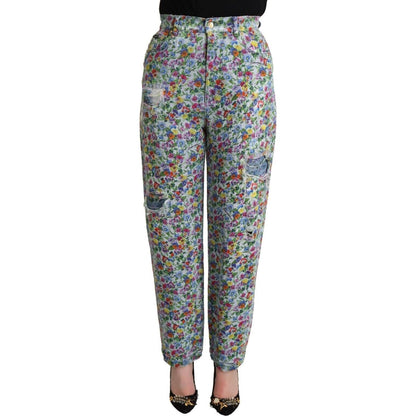 Dolce & Gabbana Blue Floral Print High Waist Denim Tapered Jeans Dolce & Gabbana