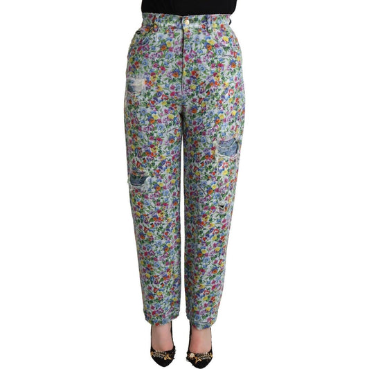 Dolce & Gabbana Blue Floral Print High Waist Denim Tapered Jeans Dolce & Gabbana