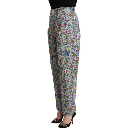 Dolce & Gabbana Blue Floral Print High Waist Denim Tapered Jeans Dolce & Gabbana