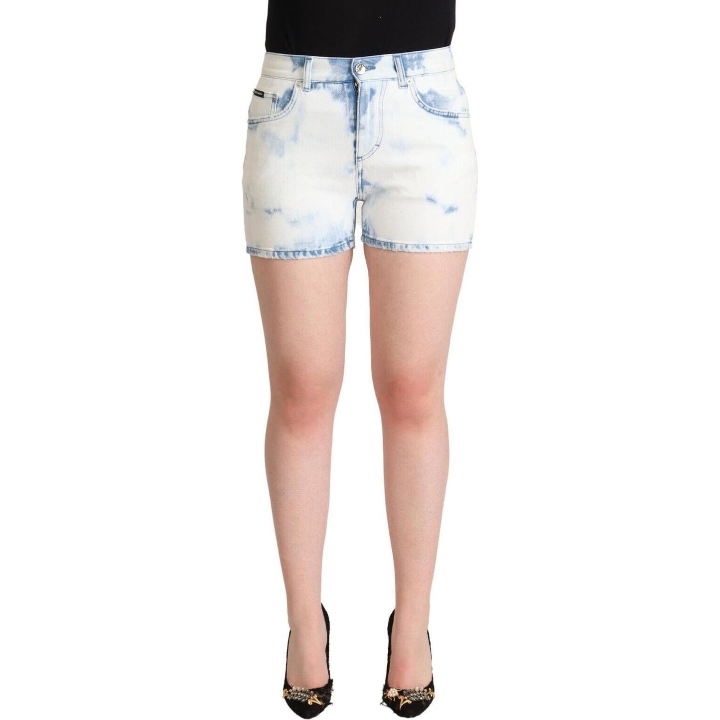Dolce & Gabbana White Blue Dye Cotton Mid Waist Denim Shorts Dolce & Gabbana