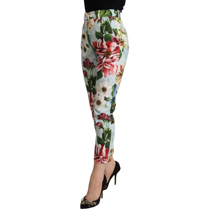Dolce & Gabbana Light Blue Fiori Print Cotton Trouser Tapered Pants Dolce & Gabbana