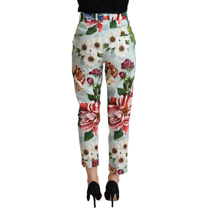Dolce & Gabbana Light Blue Fiori Print Cotton Trouser Tapered Pants Dolce & Gabbana