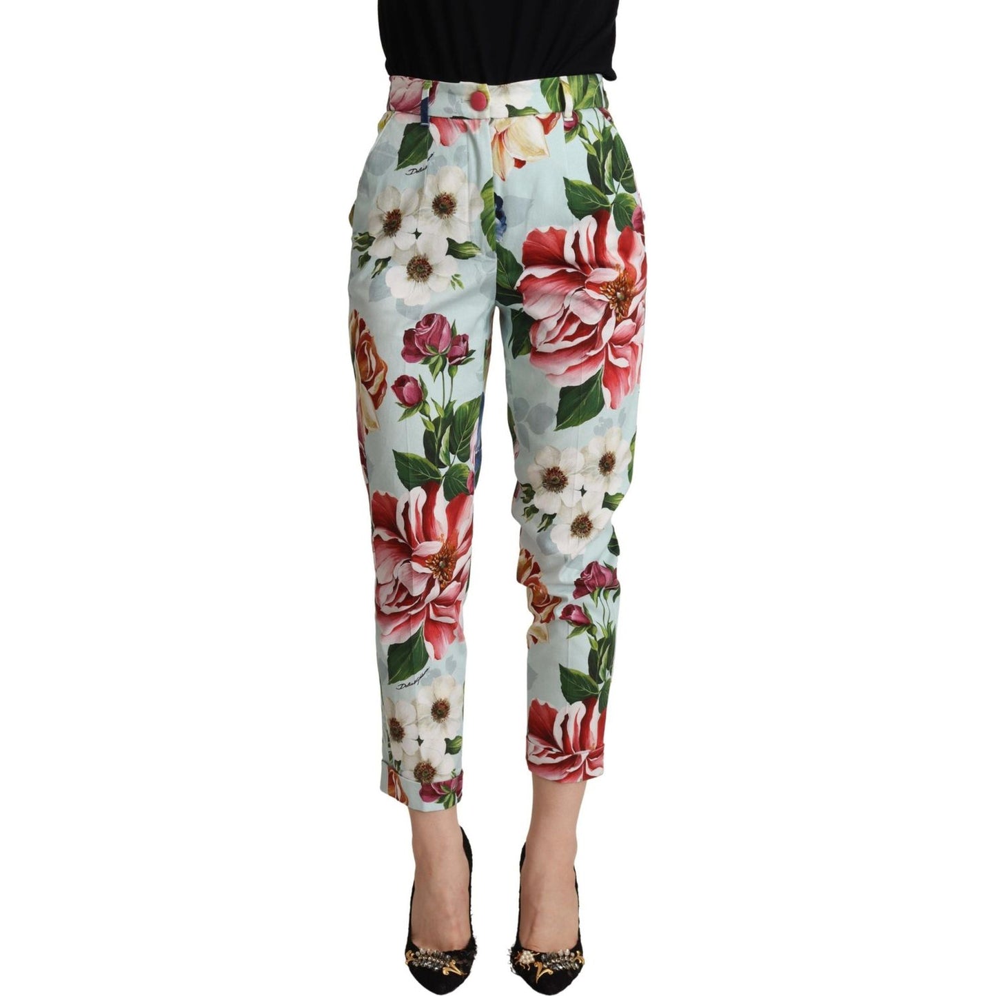 Dolce & Gabbana Light Blue Fiori Print Cotton Trouser Tapered Pants Dolce & Gabbana