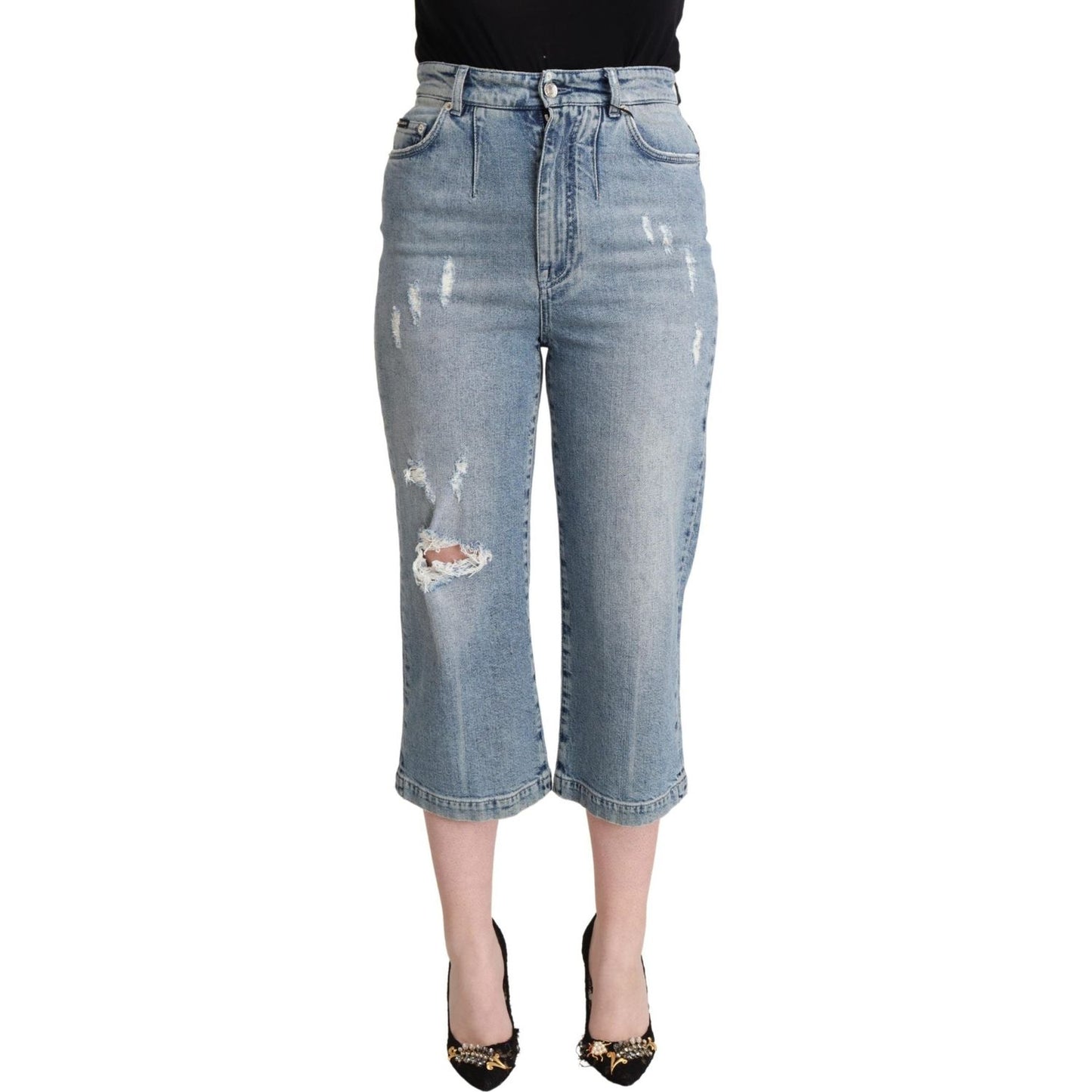 Dolce & Gabbana Blue Tattered Cotton Denim Capri Cropped Jeans Dolce & Gabbana