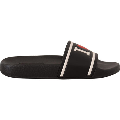 Dolce & Gabbana Black Leather I Love D&G Slides Sandals Dolce & Gabbana