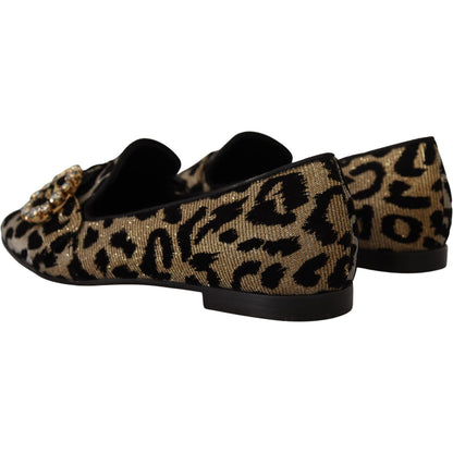 Dolce & Gabbana Gold Leopard Print Crystals Loafers Shoes Dolce & Gabbana