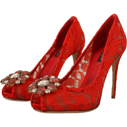 Dolce & Gabbana Red Taormina Lace Crystal Heels Pumps Dolce & Gabbana