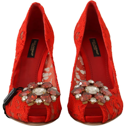 Dolce & Gabbana Red Taormina Lace Crystal Heels Pumps Dolce & Gabbana