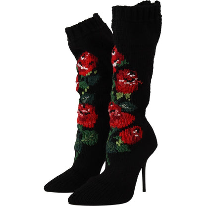 Dolce & Gabbana Black Stretch Socks Red Roses Booties Shoes Dolce & Gabbana