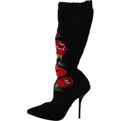 Dolce & Gabbana Black Stretch Socks Red Roses Booties Shoes Dolce & Gabbana