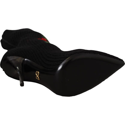 Dolce & Gabbana Black Stretch Socks Red Roses Booties Shoes Dolce & Gabbana