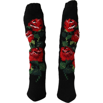 Dolce & Gabbana Black Stretch Socks Red Roses Booties Shoes Dolce & Gabbana