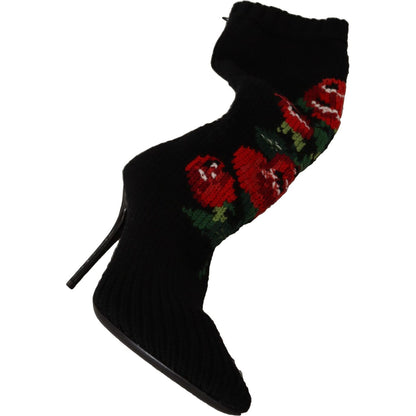 Dolce & Gabbana Black Stretch Socks Red Roses Booties Shoes Dolce & Gabbana